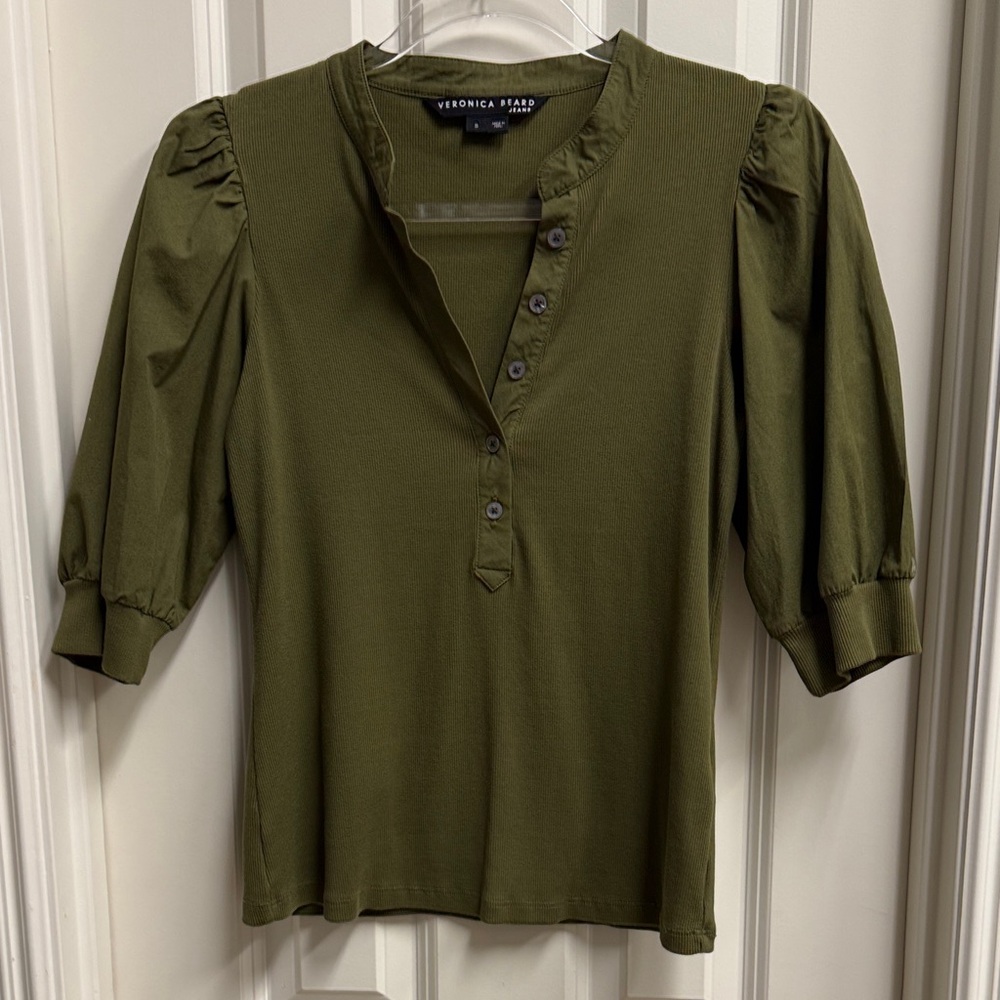 Veronica Beard Dark Green Khaki Button-Down Blouse
